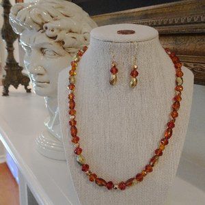 Handcrafted necklace/earring set in golden brown & external etched gold